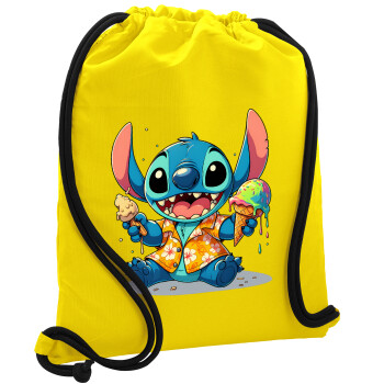 Stitch Ice cream, Backpack pouch GYMBAG Yellow, with pocket (40x48cm) & thick cords