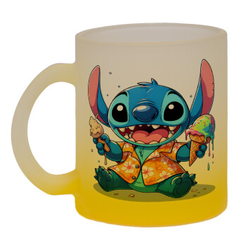 Stitch Ice cream, Κούπα γυάλινη δίχρωμη με βάση το κίτρινο ματ, 330ml