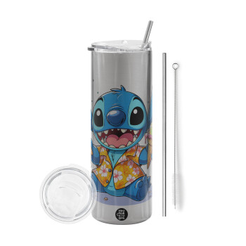 Stitch Ice cream, Tumbler ποτήρι θερμό Ασημένιο από ανοξείδωτο ατσάλι 600ml, με μεταλλικό καλαμάκι & βούρτσα καθαρισμού