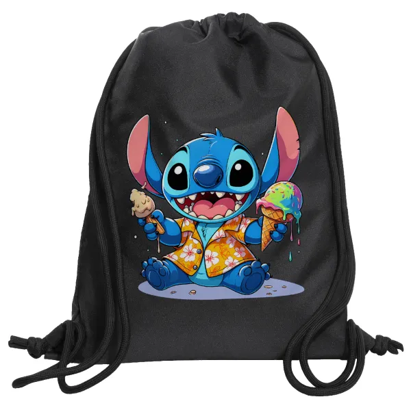 Stitch Ice cream — Τσάντα πλάτης πουγκί GYMBAG Μαύρη, με τσέπη (40x48cm) & χονδρά κορδόνια