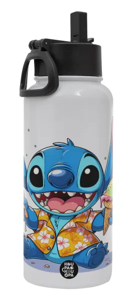 Stitch Ice cream — Μεταλλικό παγούρι θερμός Λευκό με καλαμάκι και χερούλι (Stainless steel), διπλού τοιχώματος, 950ml