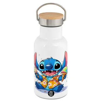 Stitch Ice cream, Μεταλλικό παγούρι θερμός (Stainless steel) Λευκό με ξύλινο καπακι (bamboo), διπλού τοιχώματος, 350ml
