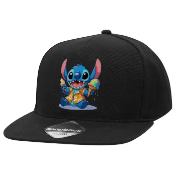 Stitch Ice cream, Καπέλο Ενηλίκων Flat Snapback Μαύρο, (100% ΒΑΜΒΑΚΕΡΟ TWILL, ΕΝΗΛΙΚΩΝ, UNISEX, ONE SIZE)