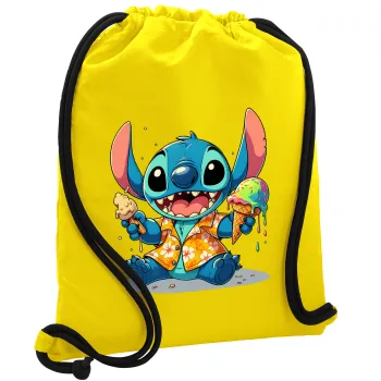 Stitch Ice cream, Τσάντα πλάτης πουγκί GYMBAG Κίτρινη, με τσέπη (40x48cm) & χονδρά κορδόνια