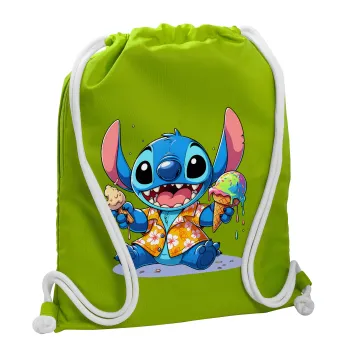 Stitch Ice cream, Τσάντα πλάτης πουγκί GYMBAG LIME GREEN, με τσέπη (40x48cm) & χονδρά κορδόνια