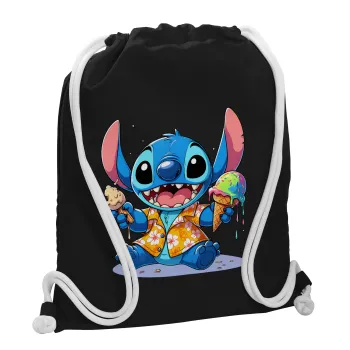 Stitch Ice cream, Τσάντα πλάτης πουγκί GYMBAG Μαύρη, με τσέπη (40x48cm) & χονδρά λευκά κορδόνια