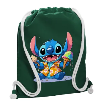 Stitch Ice cream, Τσάντα πλάτης πουγκί GYMBAG BOTTLE GREEN, με τσέπη (40x48cm) & χονδρά λευκά κορδόνια