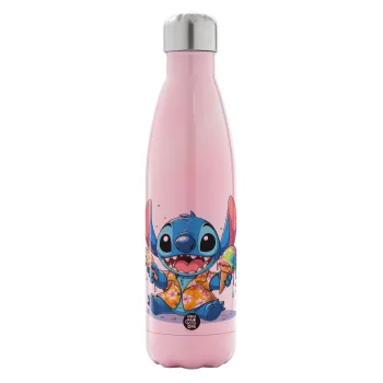 Stitch Ice cream, Μεταλλικό παγούρι θερμός Ροζ Ιριδίζον (Stainless steel), διπλού τοιχώματος, 500ml