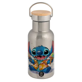 Stitch Ice cream, Stainless steel metallic thermos flask, silver with a bamboo lid, double-walled, 350ml.