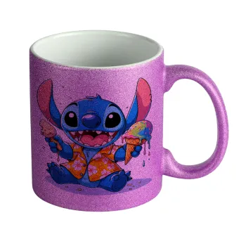 Stitch Ice cream, Κούπα Μωβ Glitter που γυαλίζει, κεραμική, 330ml