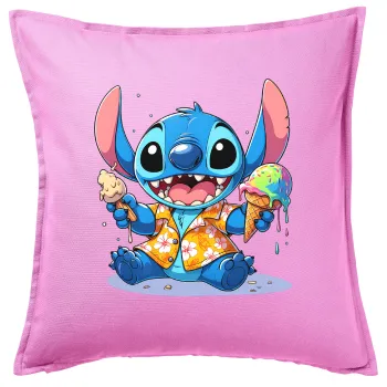 Stitch Ice cream, Μαξιλάρι καναπέ ΡΟΖ 100% βαμβάκι, περιέχεται το γέμισμα (50x50cm)