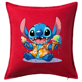 Stitch Ice cream, Μαξιλάρι καναπέ Κόκκινο 100% βαμβάκι, περιέχεται το γέμισμα (50x50cm)
