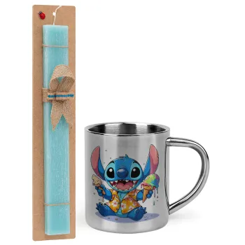 Stitch Ice cream, Πασχαλινή Λαμπάδα με μεταλλική κούπα θερμό (300ml) & κερί αρωματικό πλακέ (30cm) (ΤΙΡΚΟΥΑΖ)