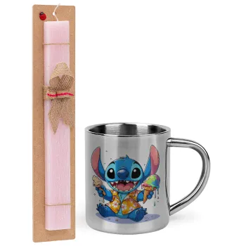 Stitch Ice cream, Easter Set, metallic thermal cup (300ml) & aromatic flat Easter candle (30cm) (PINK)