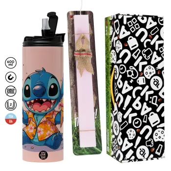 Stitch Ice cream, Πασχαλινή Λαμπάδα με  ΡΟΖ Travel Tumbler θερμό (600ml, BPA free) & κερί αρωματικό πλακέ (30cm) (ΡΟΖ)
