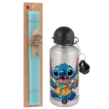 Stitch Ice cream, Πασχαλινή Λαμπάδα με παγούρι μεταλλικό Ασημένιο αλουμινίου (500ml) & κερί αρωματικό πλακέ (30cm) (ΤΙΡΚΟΥΑΖ)
