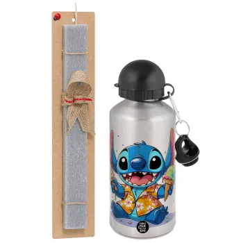 Stitch Ice cream, Easter Set, metallic silver aluminum water bottle (500ml) & aromatic flat Easter candle (30cm) (GRAY)