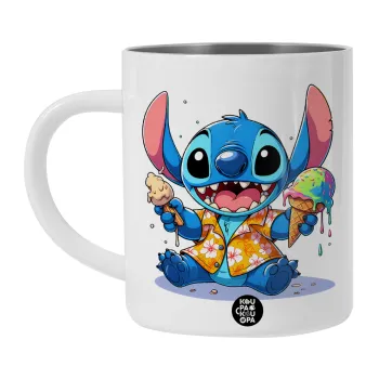 Stitch Ice cream, Λευκή Ανοξείδωτη Μεταλλική Κούπα 450ml - Διπλού Τοιχώματος 