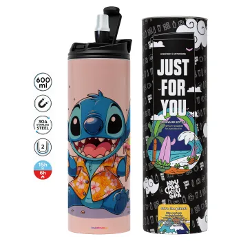 Stitch Ice cream, Tumbler ποτήρι θερμό ΡΟΖ από ανοξείδωτο ατσάλι 600ml