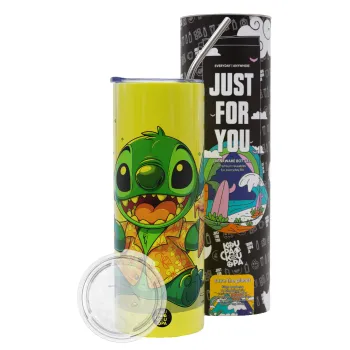 Stitch Ice cream, Neon Yellow Travel Tumbler θερμό, μεταλλικό καλαμάκι(Ανωξείδωτο 304 Food grade, BPA free, 600ml)