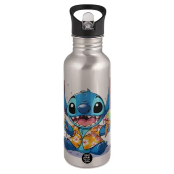 Stitch Ice cream, Water bottle Silver with straw, stainless steel 600ml