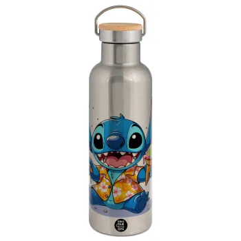 Stitch Ice cream, Μεταλλικό παγούρι θερμός (Stainless steel) Ασημένιο με ξύλινο καπακι (bamboo), διπλού τοιχώματος, 750ml