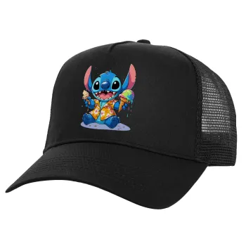 Stitch Ice cream, Structured Trucker Adult Hat, with Mesh, Black (100% COTTON, ADULT, UNISEX, ONE SIZE)