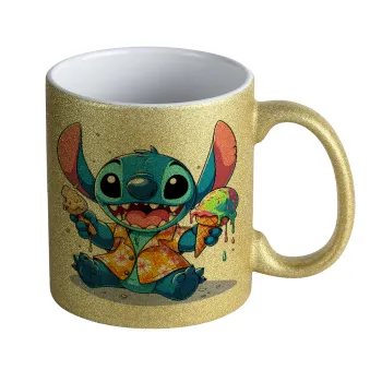 Stitch Ice cream, Κούπα Χρυσή Glitter που γυαλίζει, κεραμική, 330ml