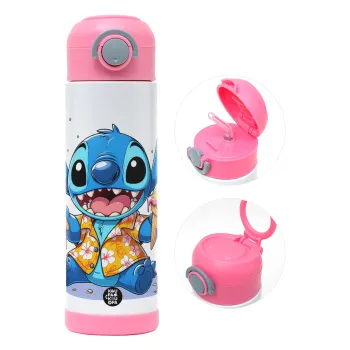 Stitch Ice cream, Children's hot water bottle, stainless steel, with safety straw, PINK (500ml)
