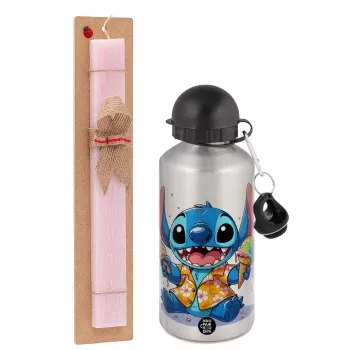 Stitch Ice cream, Πασχαλινή Λαμπάδα με παγούρι μεταλλικό Ασημένιο αλουμινίου (500ml) & κερί αρωματικό πλακέ (30cm) (ΡΟΖ)