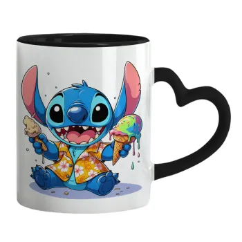 Stitch Ice cream, Κούπα καρδιά χερούλι μαύρη, κεραμική, 330ml