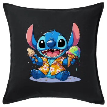 Stitch Ice cream, Μαξιλάρι καναπέ Μαύρο 100% βαμβάκι, περιέχεται το γέμισμα (50x50cm)