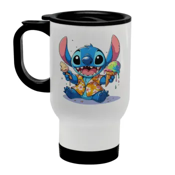 Stitch Ice cream, Stainless steel travel mug with lid, double wall white 450ml