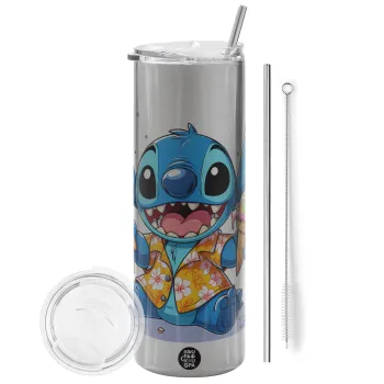 Stitch Ice cream, Tumbler ποτήρι θερμό Ασημένιο από ανοξείδωτο ατσάλι 600ml, με μεταλλικό καλαμάκι & βούρτσα καθαρισμού