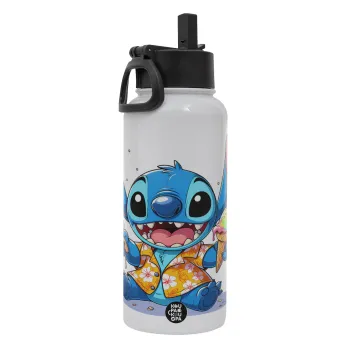 Stitch Ice cream, Μεταλλικό παγούρι θερμός Λευκό με καλαμάκι και χερούλι (Stainless steel), διπλού τοιχώματος, 950ml