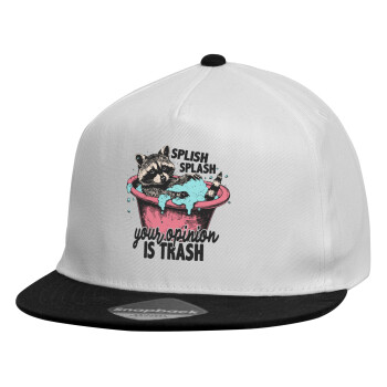 Splish splash your opinion is trash, Καπέλο παιδικό Flat Snapback, Λευκό (100% ΒΑΜΒΑΚΕΡΟ, ΠΑΙΔΙΚΟ, UNISEX, ONE SIZE)