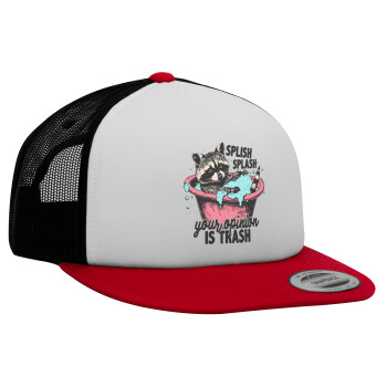Splish splash your opinion is trash, Adult Foam Flat Snapback with Mesh Red-White-Black (POLYESTER, ADULT, UNISEX, ONE SIZE)