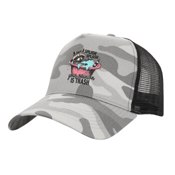 Splish splash your opinion is trash, Adult Structured Trucker Hat, with Mesh, (Camouflage) Army Camo (100% COTTON, ADULT, UNISEX, ONE SIZE)