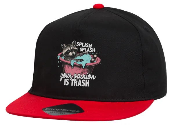 Splish splash your opinion is trash — Καπέλο Flat Snapback, Μαύρο/Κόκκινο (100% ΒΑΜΒΑΚΕΡΟ,UNISEX, ONE SIZE)
