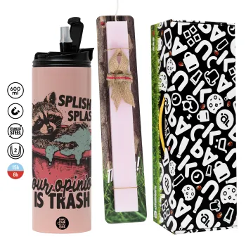 Splish splash your opinion is trash, Πασχαλινή Λαμπάδα με  ΡΟΖ Travel Tumbler θερμό (600ml, BPA free) & κερί αρωματικό πλακέ (30cm) (ΡΟΖ)