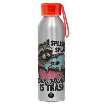 Splish splash your opinion is trash, Αλουμινένιο Αθλητικό Μπουκάλι 650ml – Ασημί με Κόκκινο Καπάκι και Λουράκι Σιλικόνης