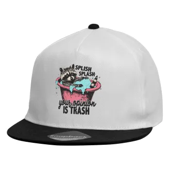 Splish splash your opinion is trash, Καπέλο παιδικό Flat Snapback, Λευκό (100% ΒΑΜΒΑΚΕΡΟ, ΠΑΙΔΙΚΟ, UNISEX, ONE SIZE)