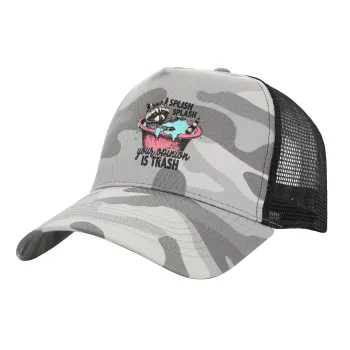 Splish splash your opinion is trash, Adult Structured Trucker Hat, with Mesh, (Camouflage) Army Camo (100% COTTON, ADULT, UNISEX, ONE SIZE)