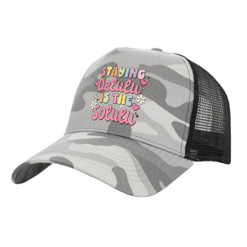 Delulu, Adult Structured Trucker Hat, with Mesh, (Camouflage) Army Camo (100% COTTON, ADULT, UNISEX, ONE SIZE)