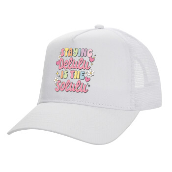 Delulu, Καπέλο Ενηλίκων Structured Trucker, με Δίχτυ, ΛΕΥΚΟ (100% ΒΑΜΒΑΚΕΡΟ, ΕΝΗΛΙΚΩΝ, UNISEX, ONE SIZE)