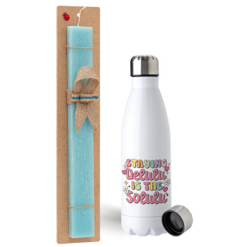 Delulu, Easter Set, metallic stainless steel water bottle (750ml) & aromatic flat Easter candle (30cm) (TURQUOISE)