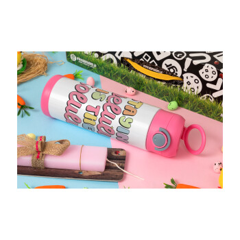 Delulu, Easter candle, Childrens hot water bottle, stainless steel, with safety straw, PINK (500ml)