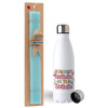 Easter Set, metallic stainless steel water bottle (750ml) & aromatic flat Easter candle (30cm) (TURQUOISE)