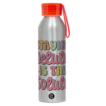 Delulu, Αλουμινένιο Αθλητικό Μπουκάλι 650ml – Ασημί με Κόκκινο Καπάκι και Λουράκι Σιλικόνης