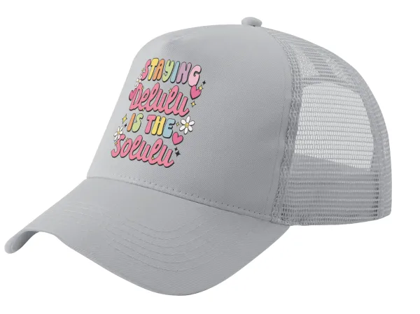 Delulu — Adult Structured Trucker Hat, with Mesh, GRAY (100% COTTON, ADULT, UNISEX, ONE SIZE)